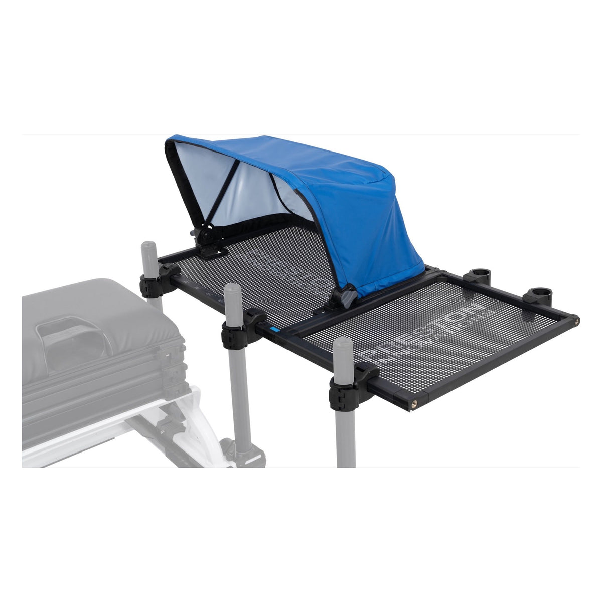 Preston Ventalite Hoodie Combi Side Tray – dubbele aastafel met blauwe kap en vervaagd weergegeven zitkist op witte achtergrond