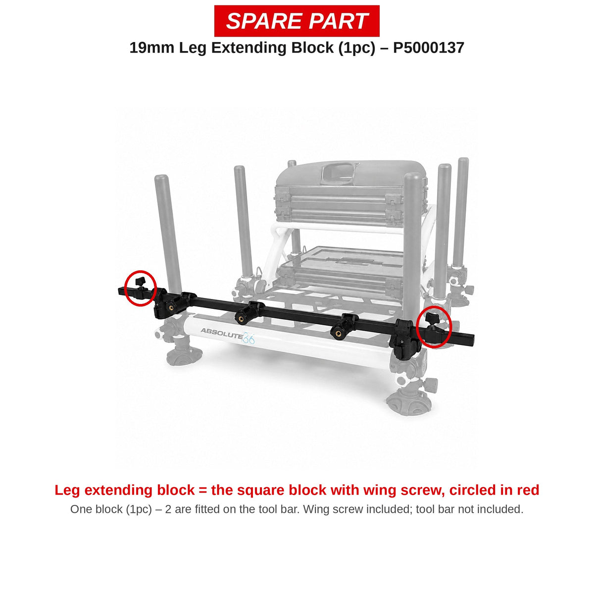 Preston Verlengblokje 19 mm poot voor Offbox Snaplok Tool Bar / Pole Support – P5000137