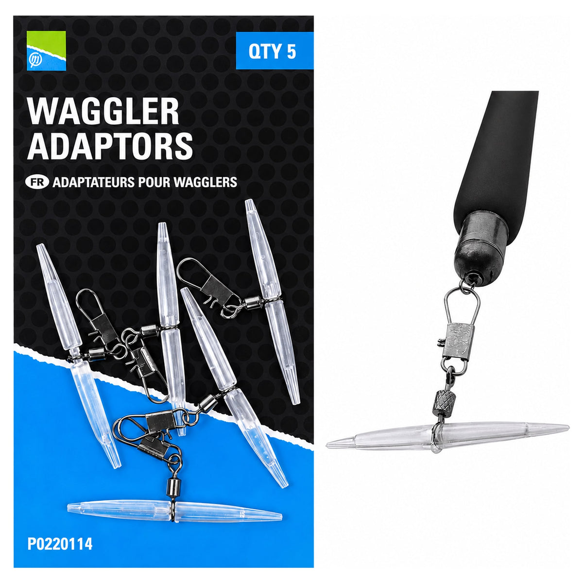 Preston Waggler Adaptors-verpakking met transparante adapters en rechts een gemonteerde aansluiting