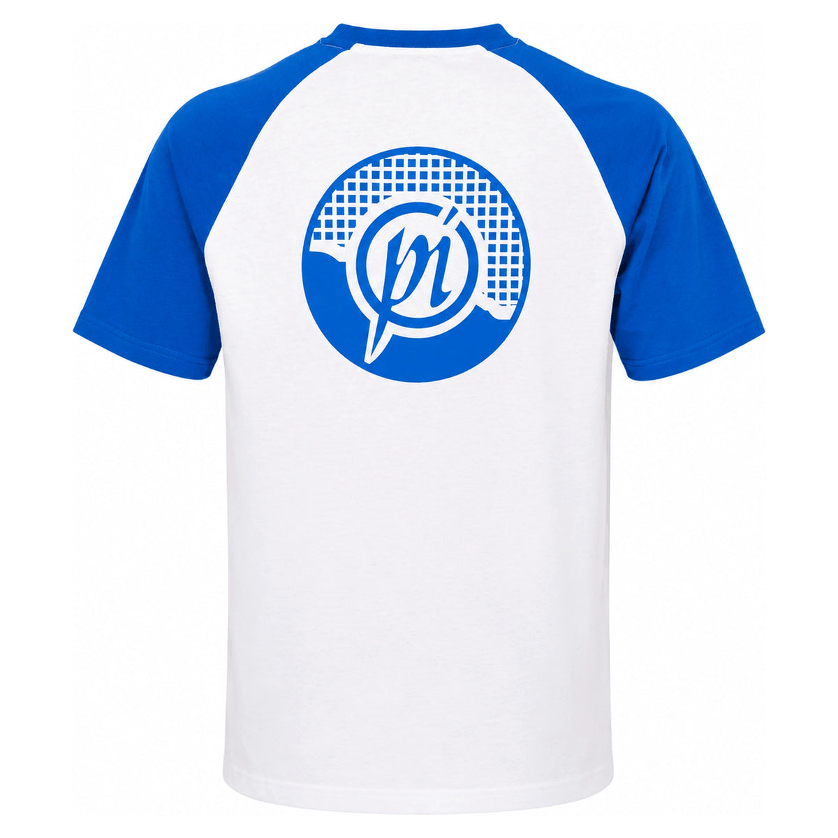 Preston Lightweight White Raglan T-shirt – achteraanzicht met blauwe raglanmouwen en groot Preston-logo