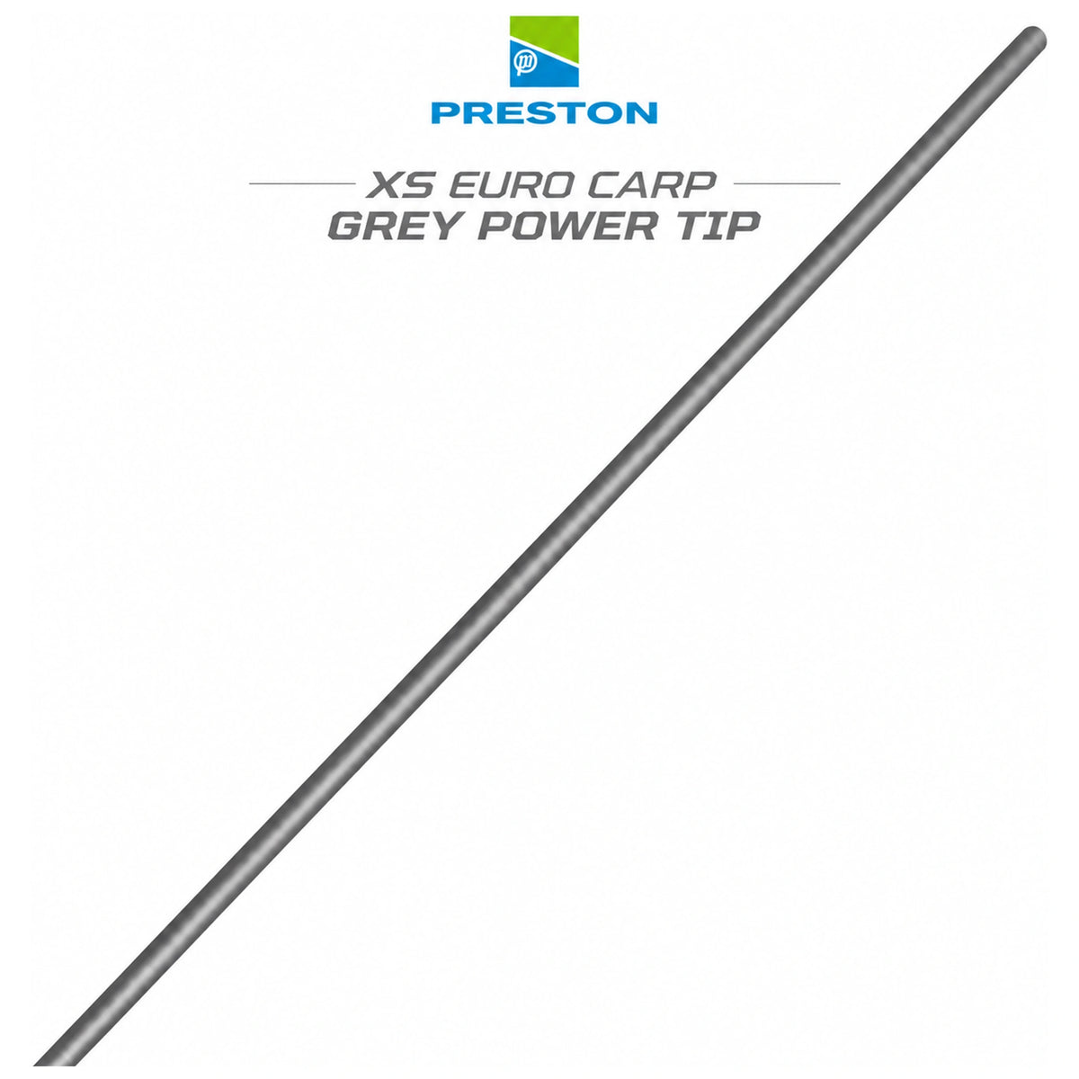 Diagonale grijze hengeltop met Preston-logo en tekst XS Euro Carp Grey Power Tip