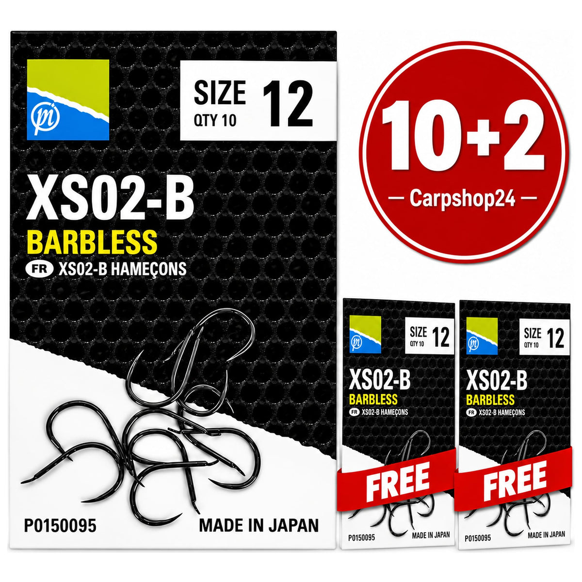 Preston XS02-B barbless haken maat 12, met rode 10+2-badge en twee gratis verpakkingen met FREE-linten