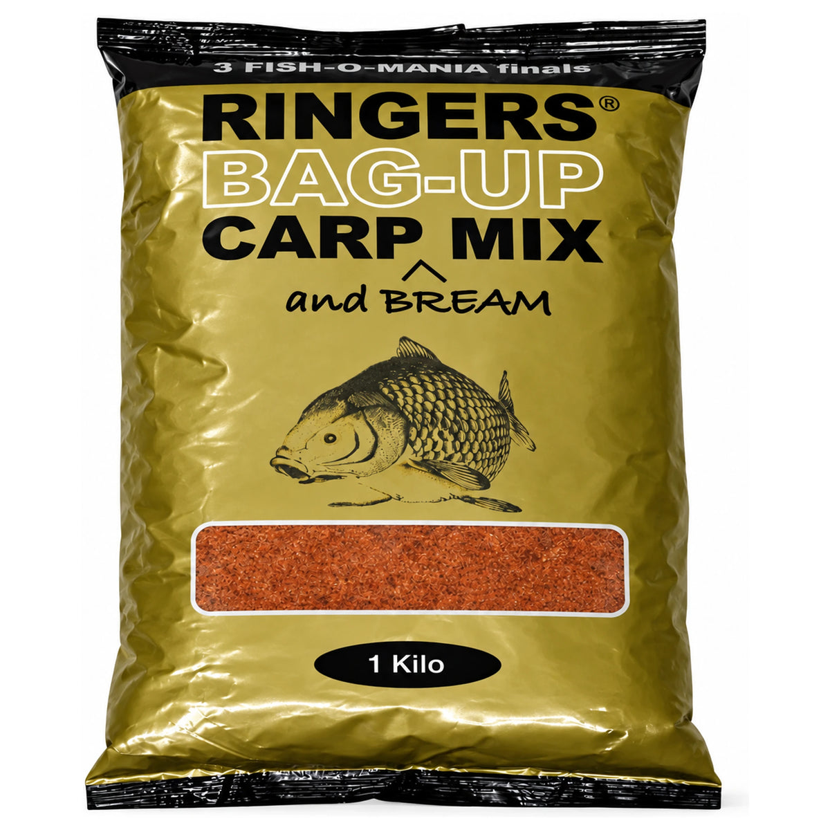 Ringers Bag-Up Carp Mix and Bream in goudkleurige zak met karperillustratie en 1 Kilo-opdruk