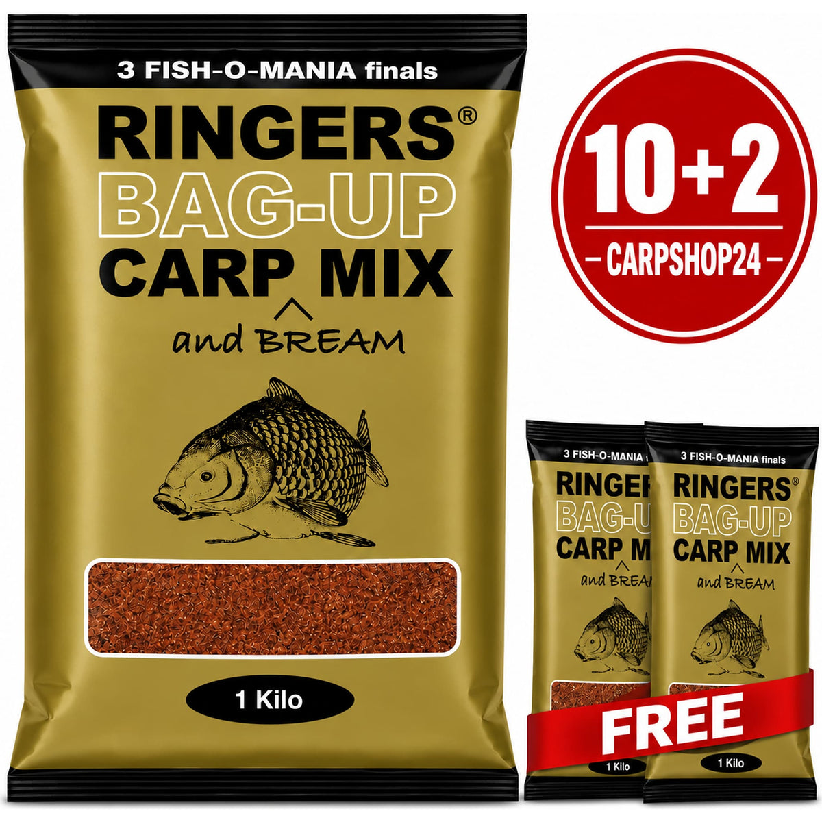 Ringers Bag-Up Carp Mix and Bream – drie goudkleurige zakken met karperopdruk, 1 Kilo-aanduiding, 10+2-badge en rood FREE-lint.