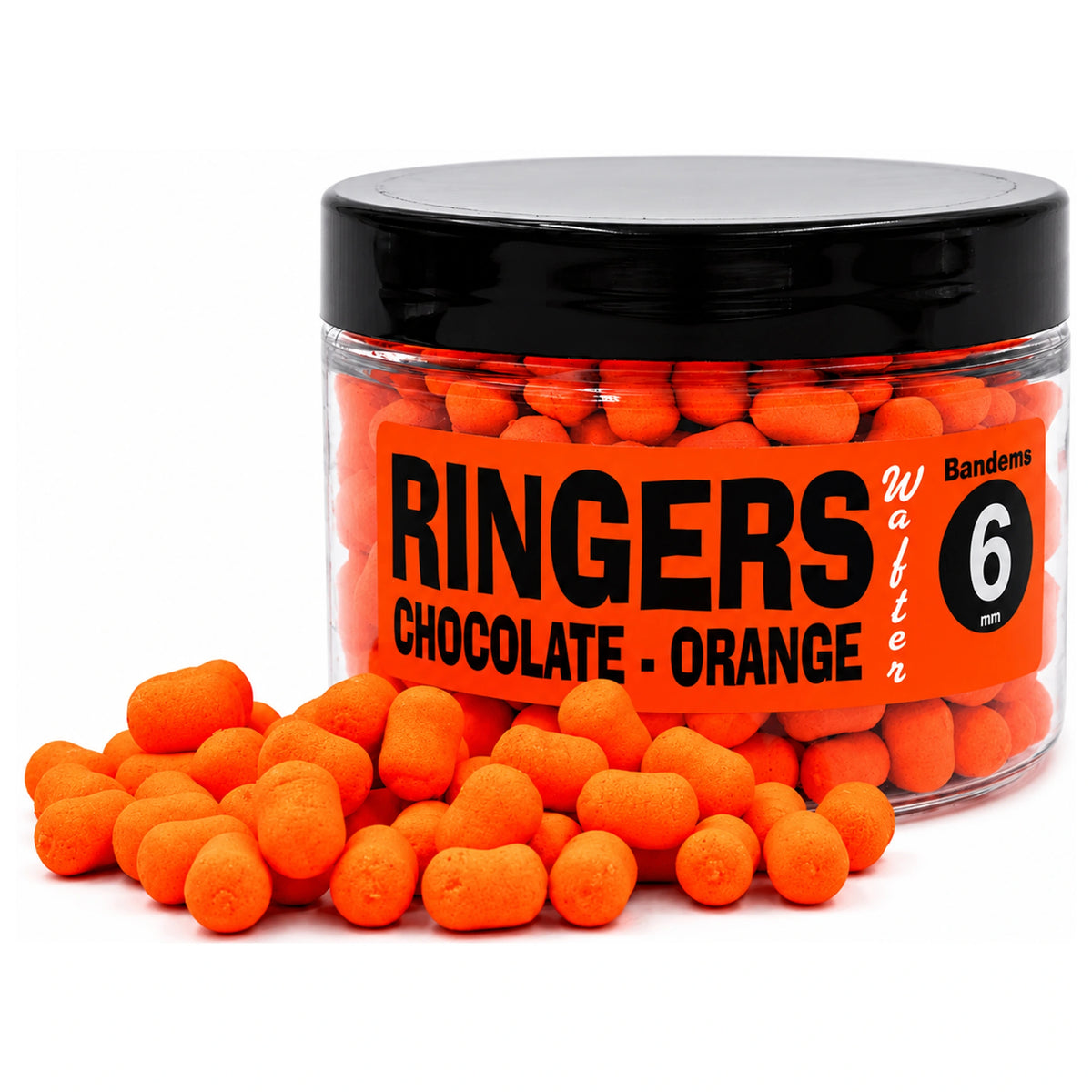 Potje Ringers Chocolate Orange wafters met losse oranje aasjes ervoor