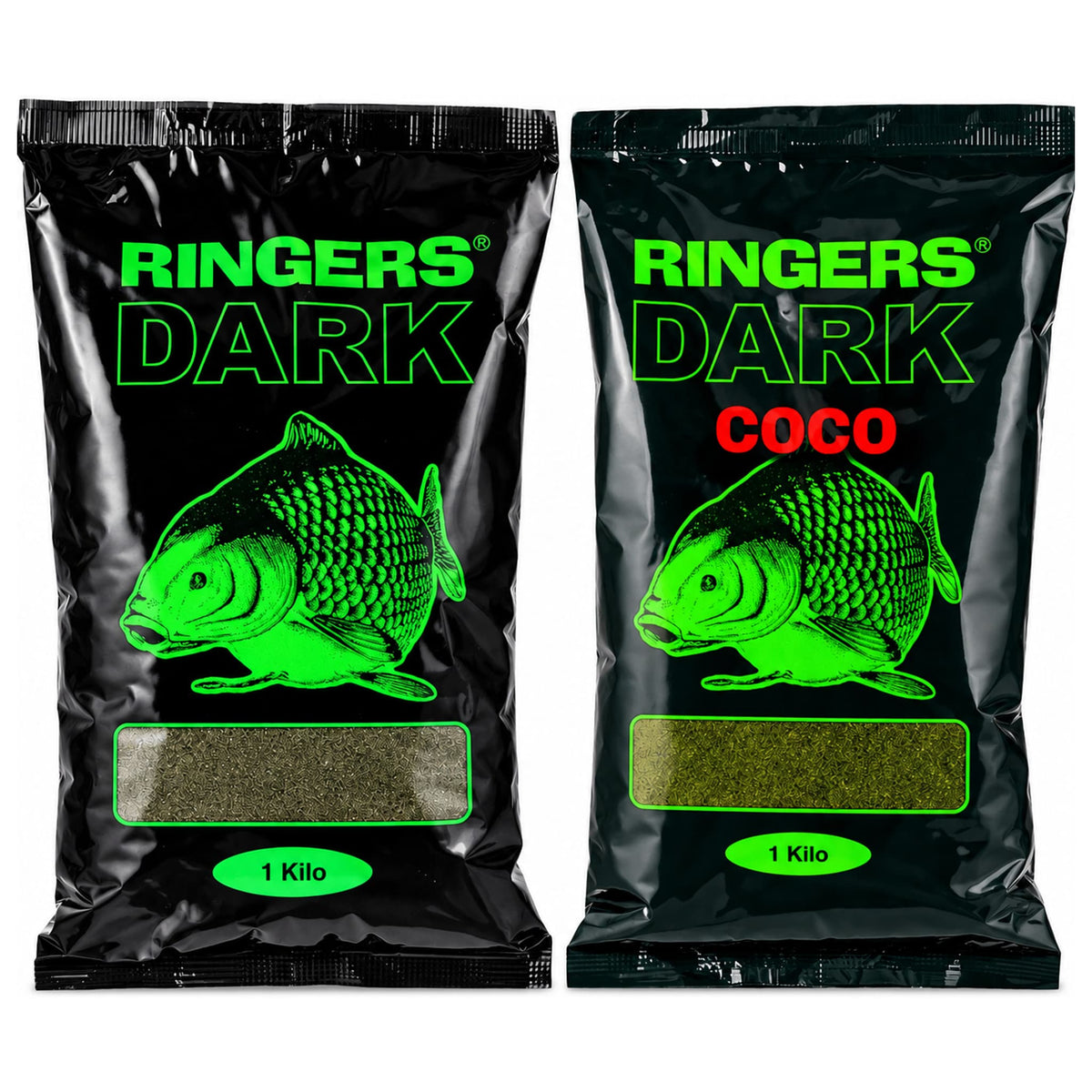 Twee Ringers Dark-grondvoerzakken van 1 kilo, met Dark Coco rechts en groene karperillustraties