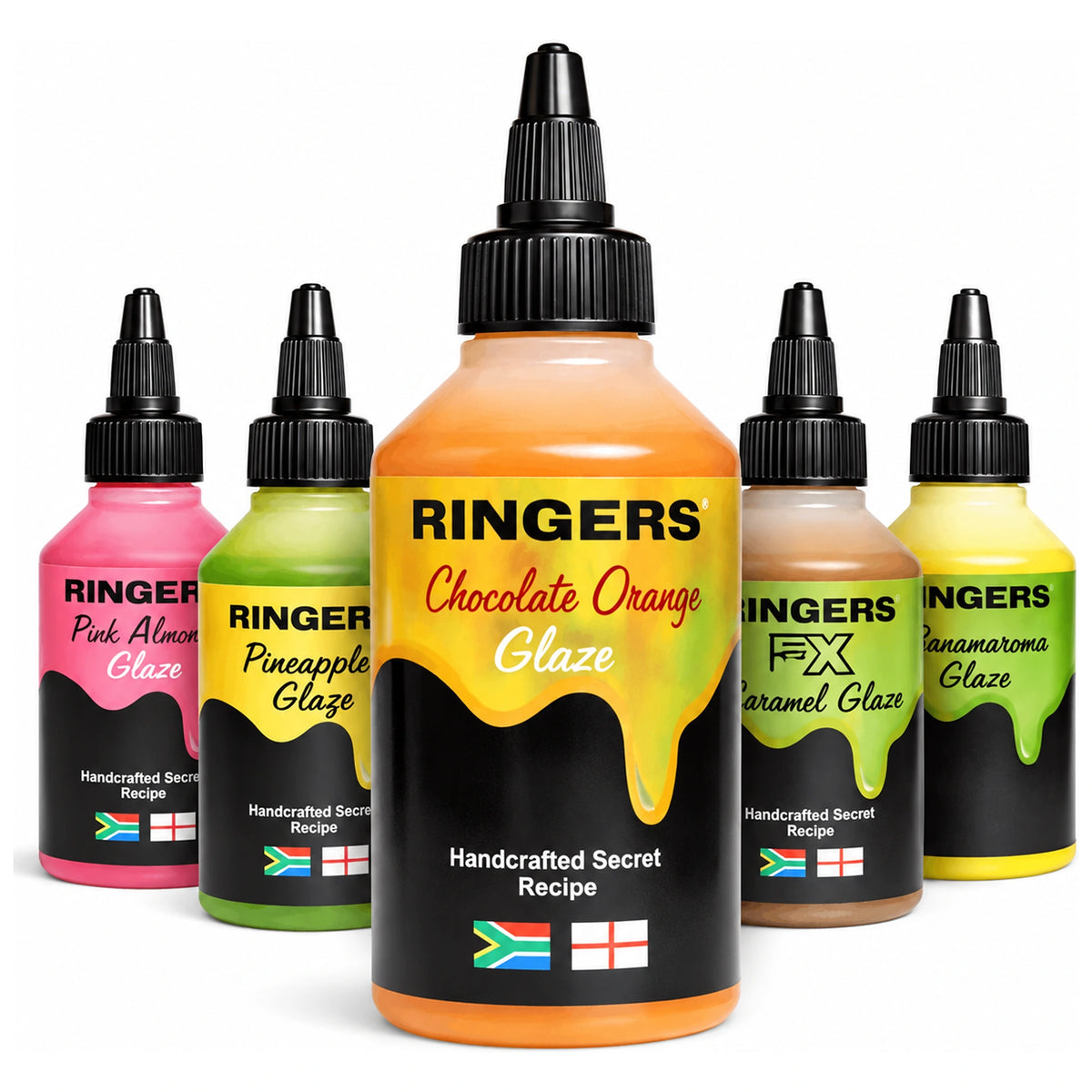 Vijf Ringers Glaze-flessen met zwarte doseertuiten, met Chocolate Orange vooraan