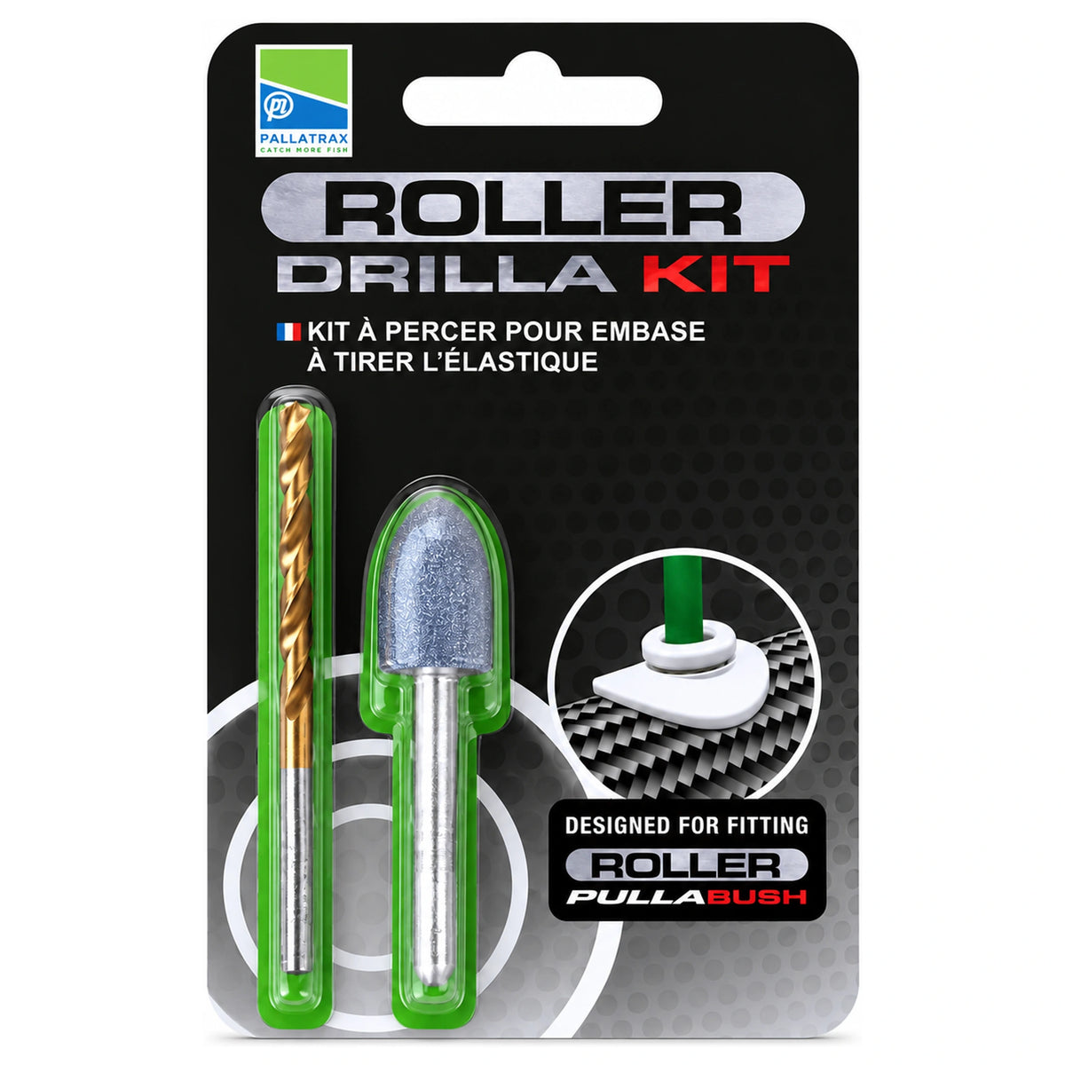 Roller Drilla Kit in verpakking met boor, slijpstift en montagedetail