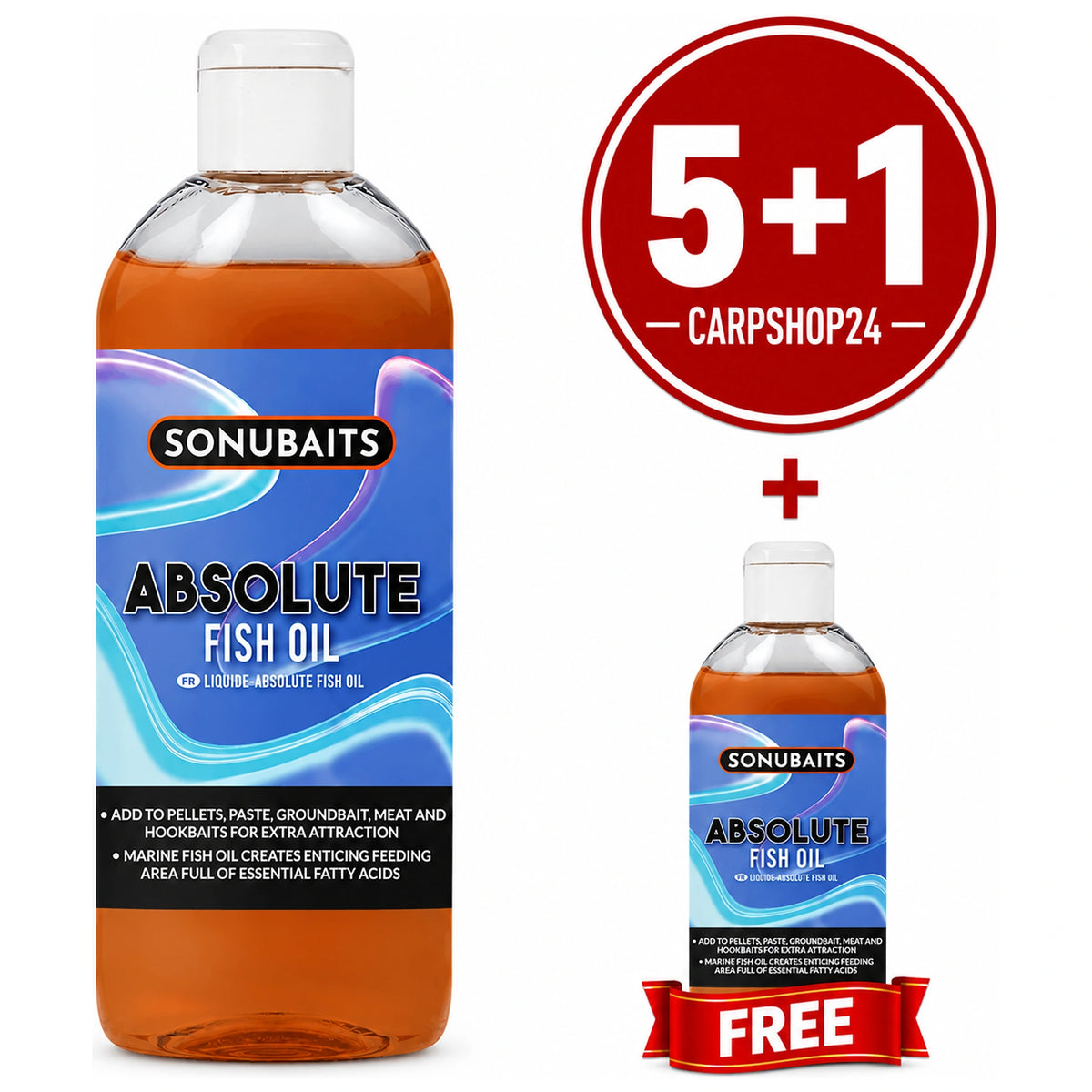 Sonubaits Absolute Fish Oil met oranje visolie, rode 5+1-badge en een extra fles met FREE-lint