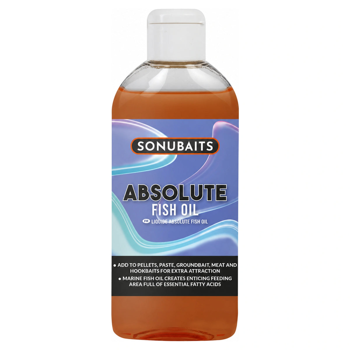 Sonubaits Absolute Fish Oil fles met amberkleurige vloeistof, witte dop en blauw-paars etiket, vooraanzicht
