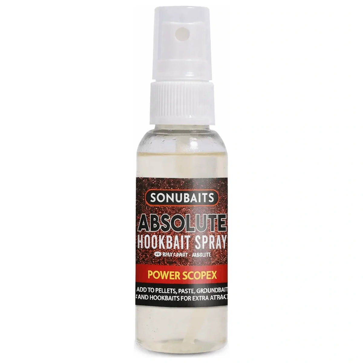 Sonubaits Absolute Hookbait Spray Power Scopex in een doorzichtige sprayfles
