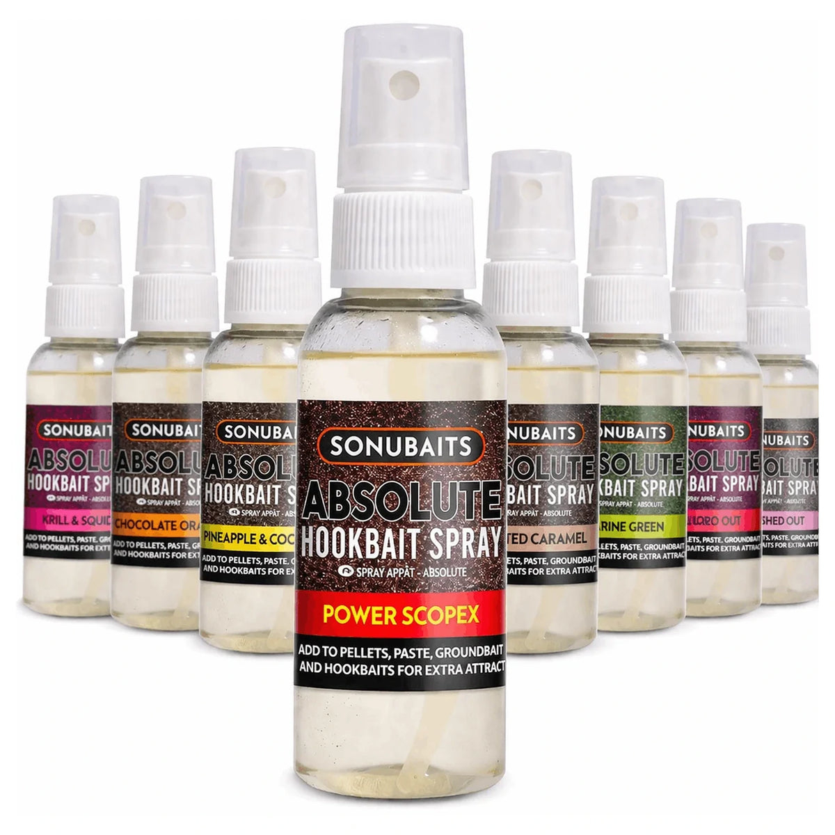 Sonubaits Absolute Hookbait Sprays met Power Scopex vooraan en andere smaken op de achtergrond