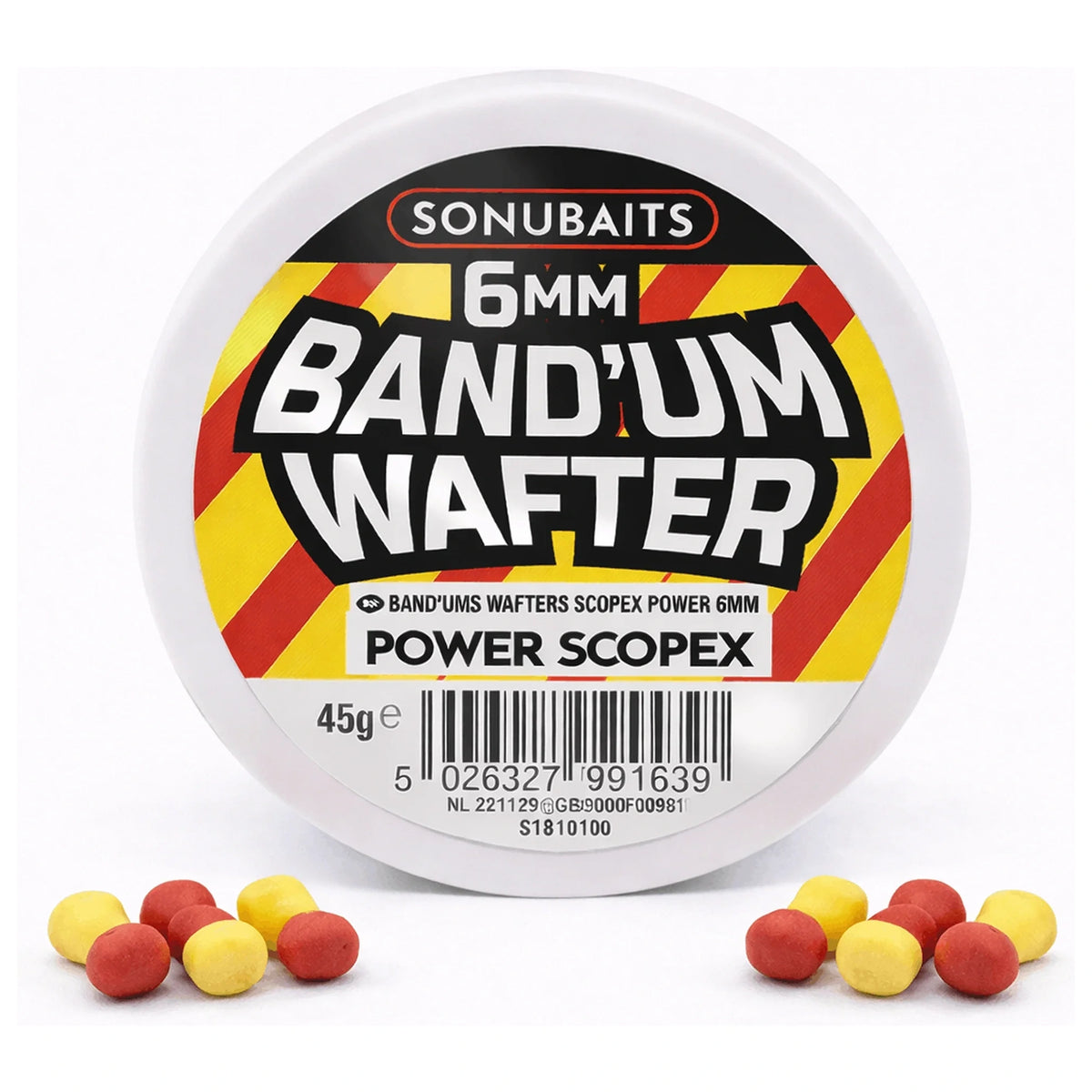 Sonubaits Band'Um Wafter Power Scopex-potje 6 mm en 45 g met twee groepjes rode en gele wafters