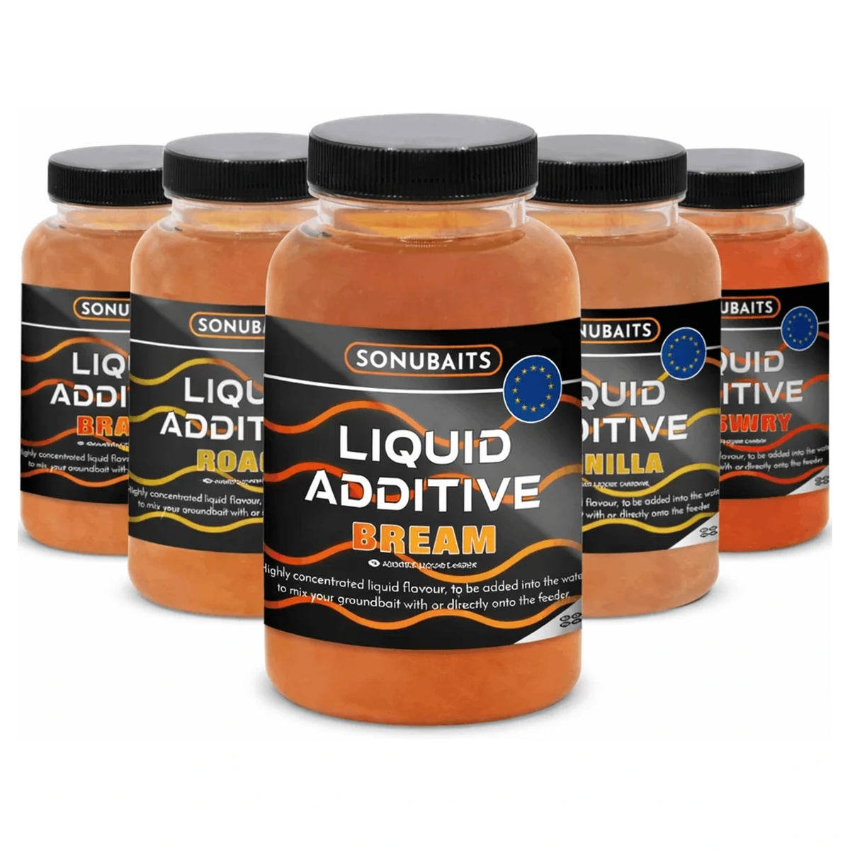 Vijf flesjes Sonubaits Liquid Additive met oranje vloeistof en zwarte doppen