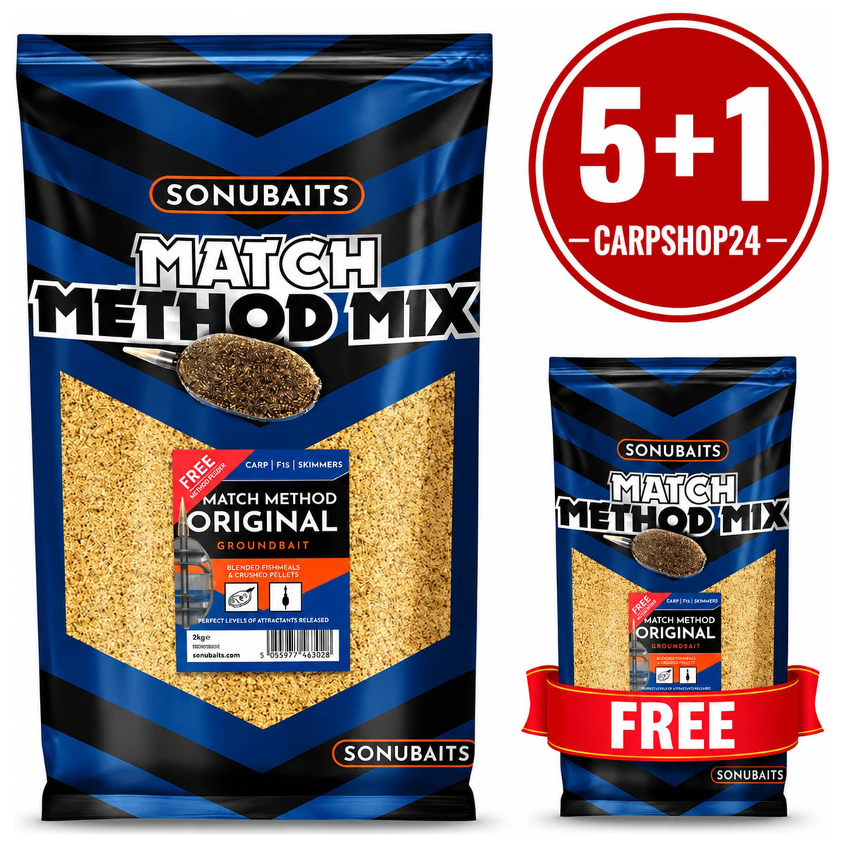 Sonubaits Match Method Mix Original 2 kg met rode 5+1-badge en een gratis zak met FREE-lint
