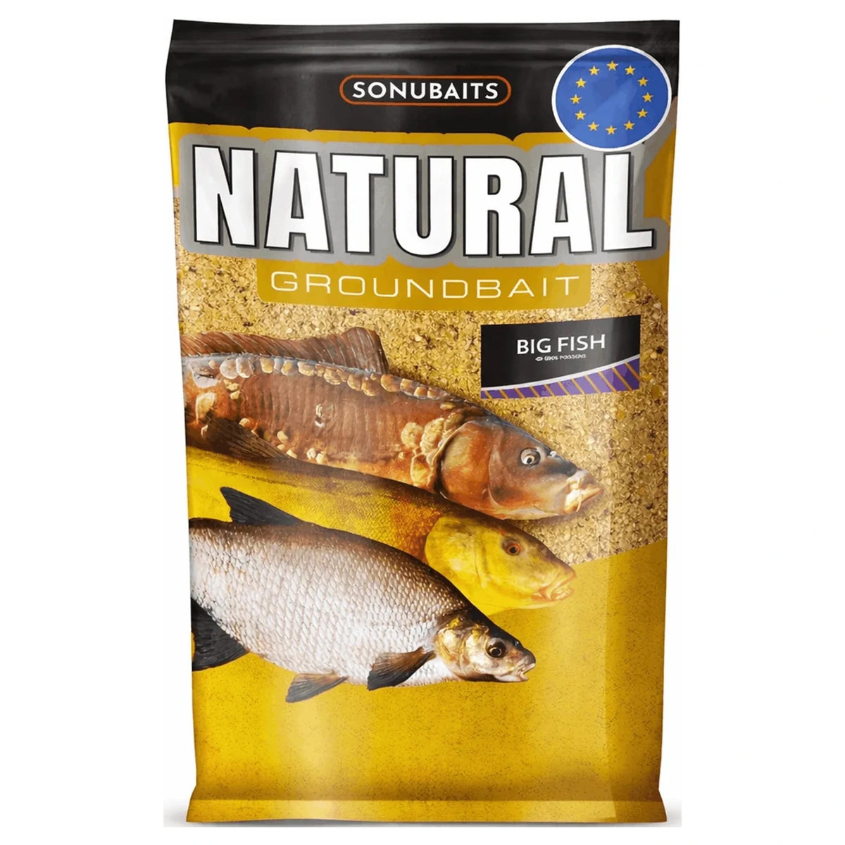 Sonubaits Natural Big Fish grondvoer verpakking met drie vissen