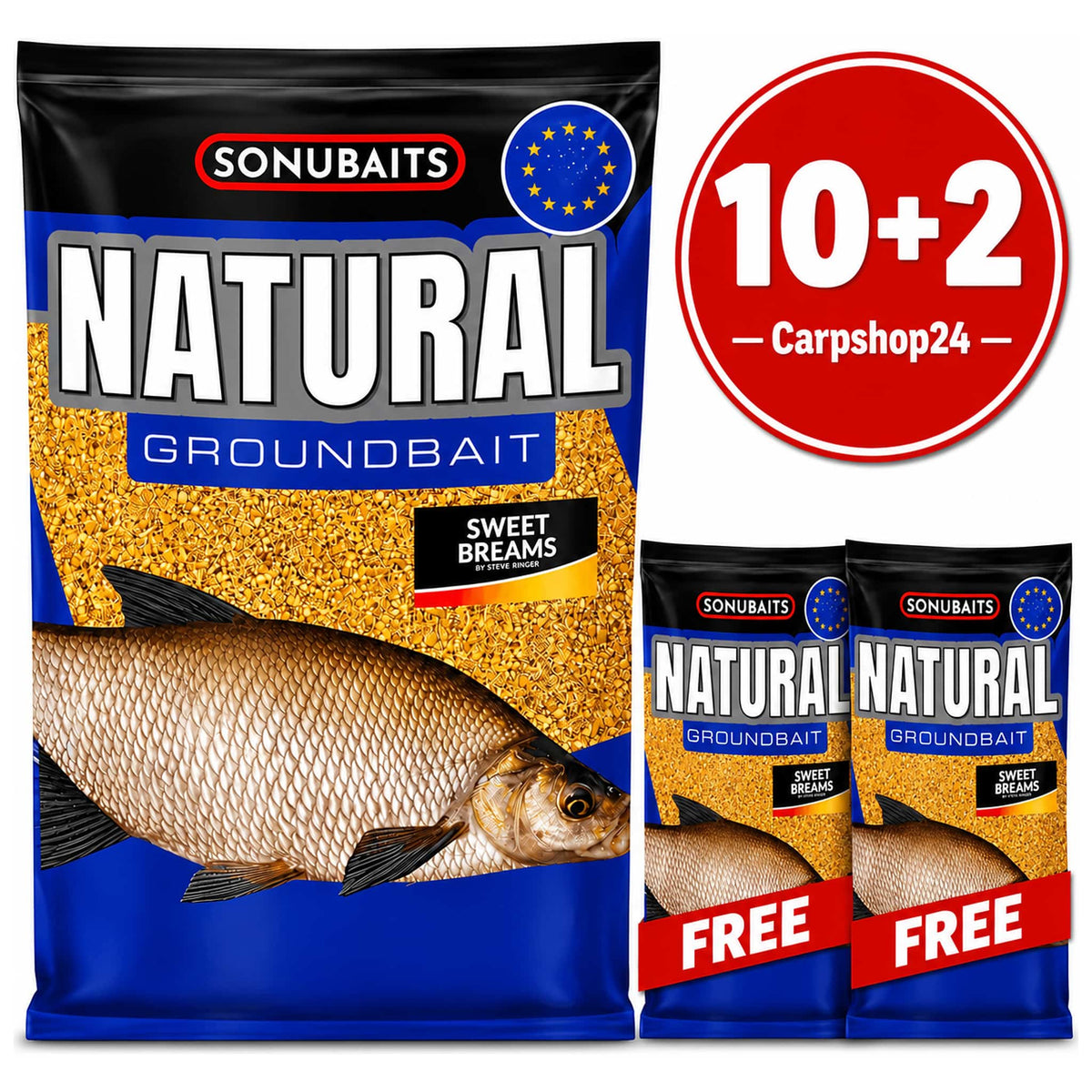 Sonubaits Natural Groundbait Sweet Breams met brasemafbeelding, rode 10+2-badge en twee zakken met FREE-linten