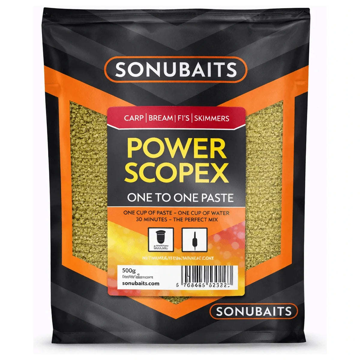 Sonubaits One to One Paste Power Scopex in zwart-oranje verpakking