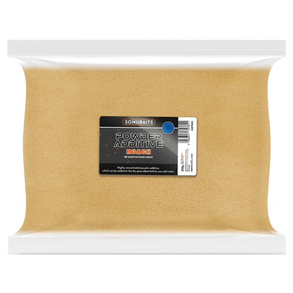 Doorzichtige zak Sonubaits Powder Additive Roach 250 g met beige poeder