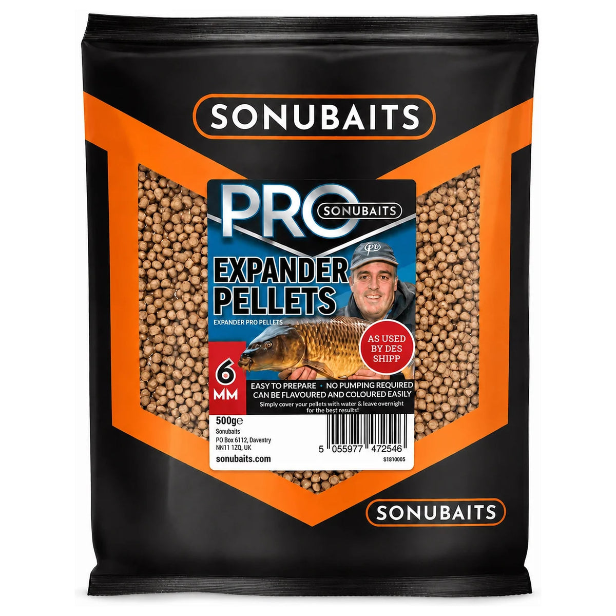 Sonubaits Pro Expander Pellets van 6 mm in zwart-oranje verpakking