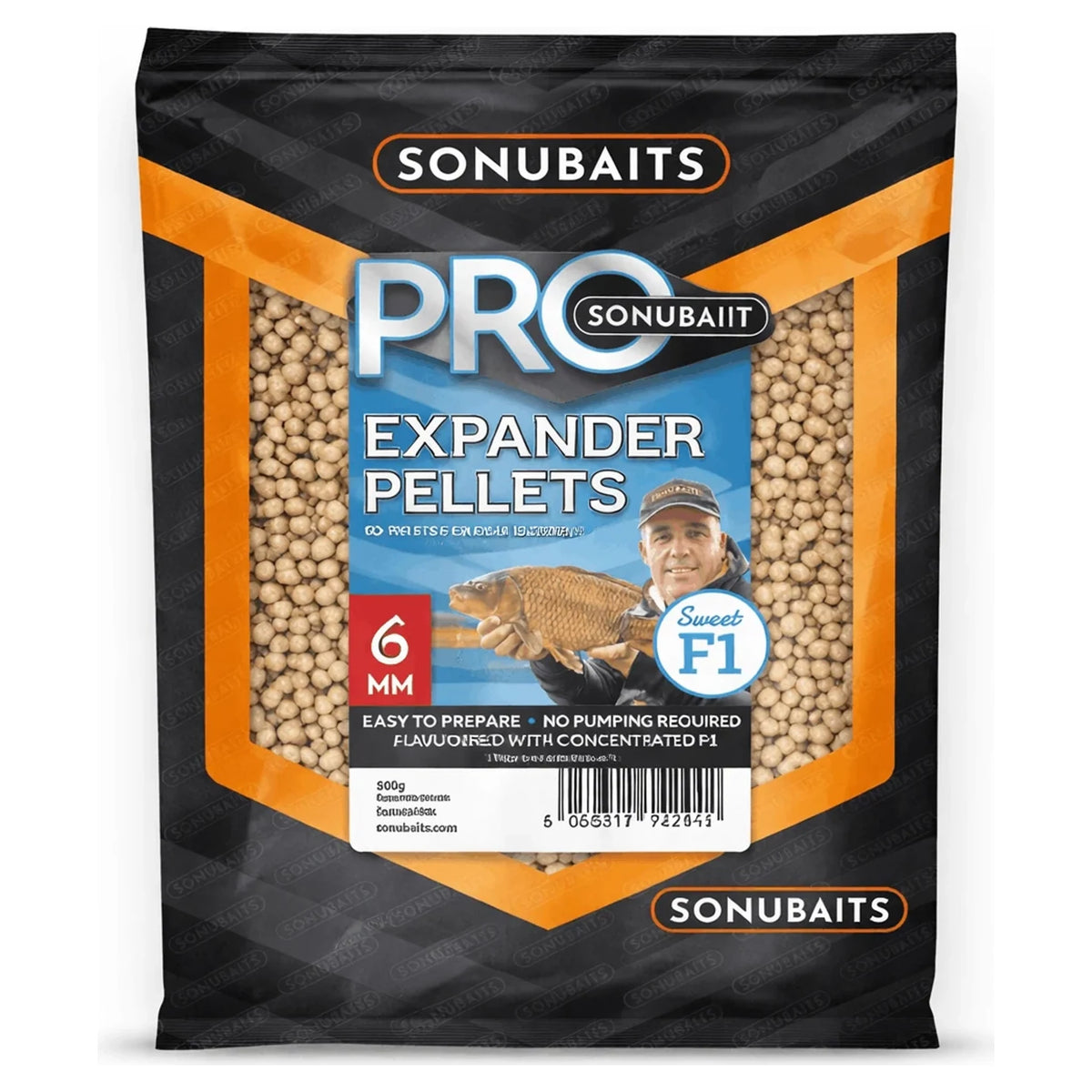 Sonubaits Pro Expander Pellets Sweet F1 6 mm verpakking met pellets, visser en karper