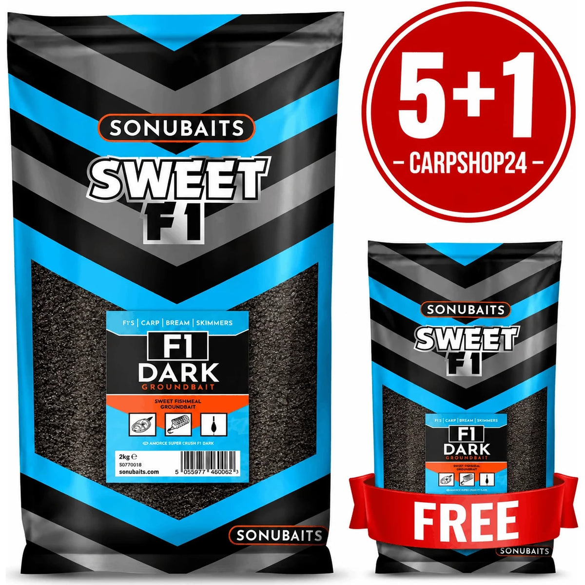 Sonubaits Sweet F1 Dark 2kg – twee verpakkingen met 5+1-badge en FREE-lint