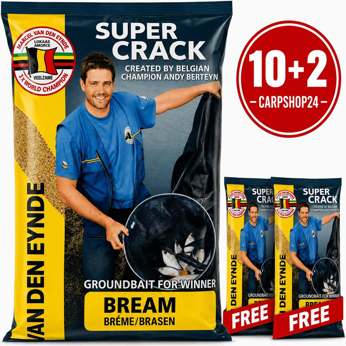 Donkerblauwe Super Crack Bream-zak met visser, twee kleine zakken met FREE-lint en rode 10+2-badge.