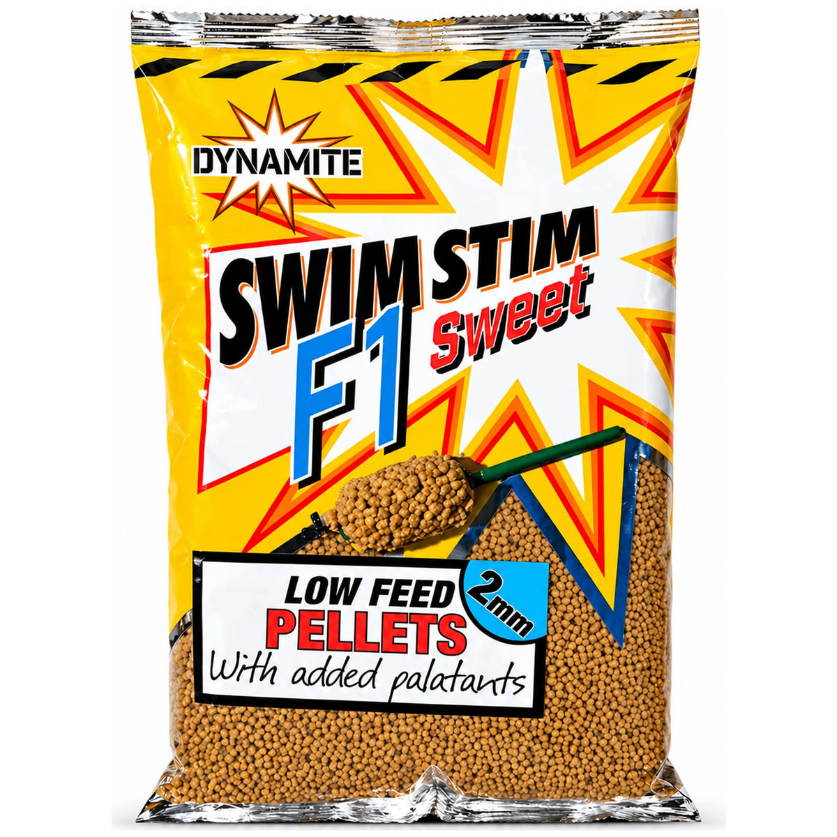 Geel-zilveren zak Dynamite Baits Swim Stim F1 Sweet Low Feed Pellets met 2 mm-aanduiding.
