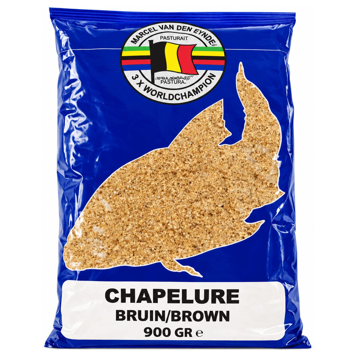 Blauwe Van Den Eynde verpakking bruin broodmeel met visvormig venster en opdruk 900 GR
