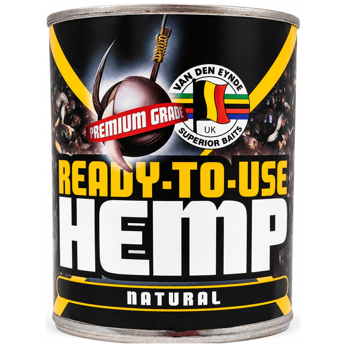 Blik Van Den Eynde Ready-To-Use Hemp Natural met zwart-geel etiket, zilveren randen en Belgische vlag in het logo.