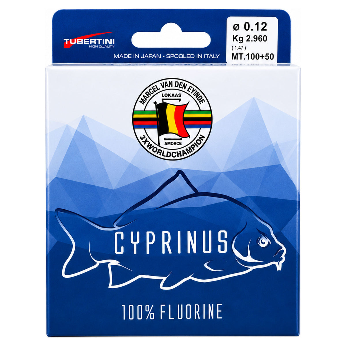 Van den Eynde Cyprinus 150 m nylon vislijn – voorzijde van de 0.12 mm verpakking