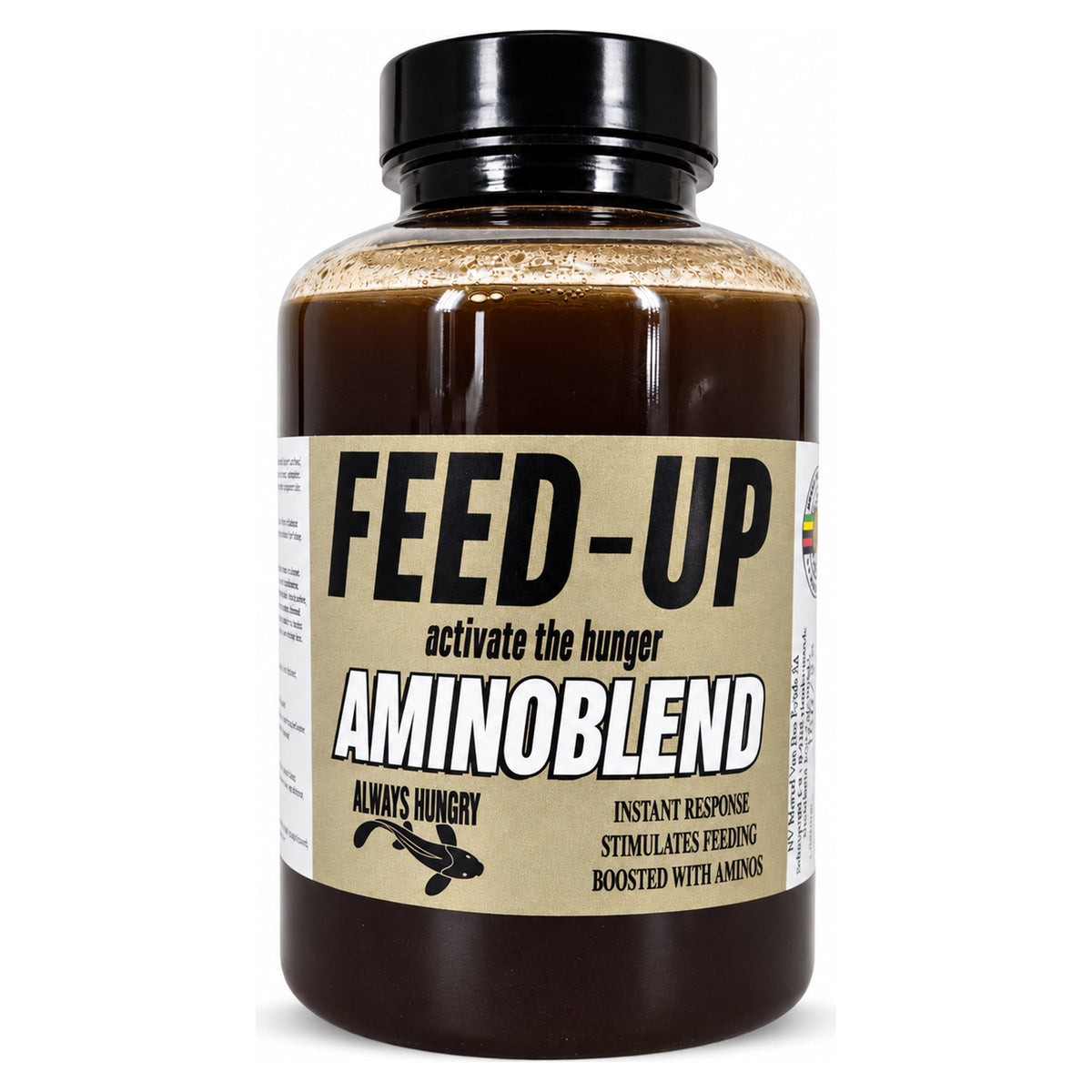 Van Den Eynde Feed-Up Aminoblend: donkere liquid in fles met zwarte dop en beige etiket, vooraanzicht