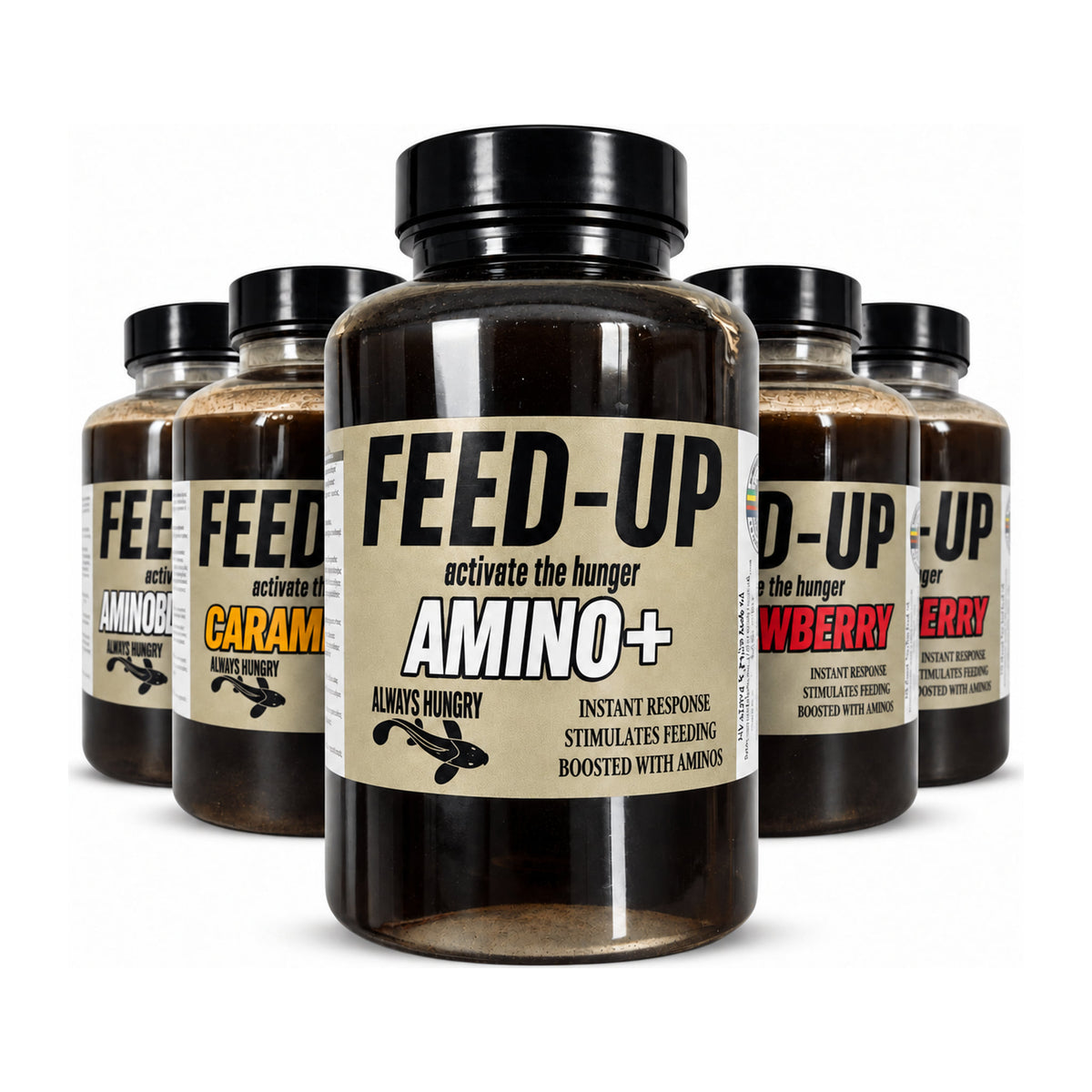 Van Den Eynde Feed-Up Liquids: Amino+ groot vooraan met Aminoblend, Caramel en Strawberry-flessen erachter
