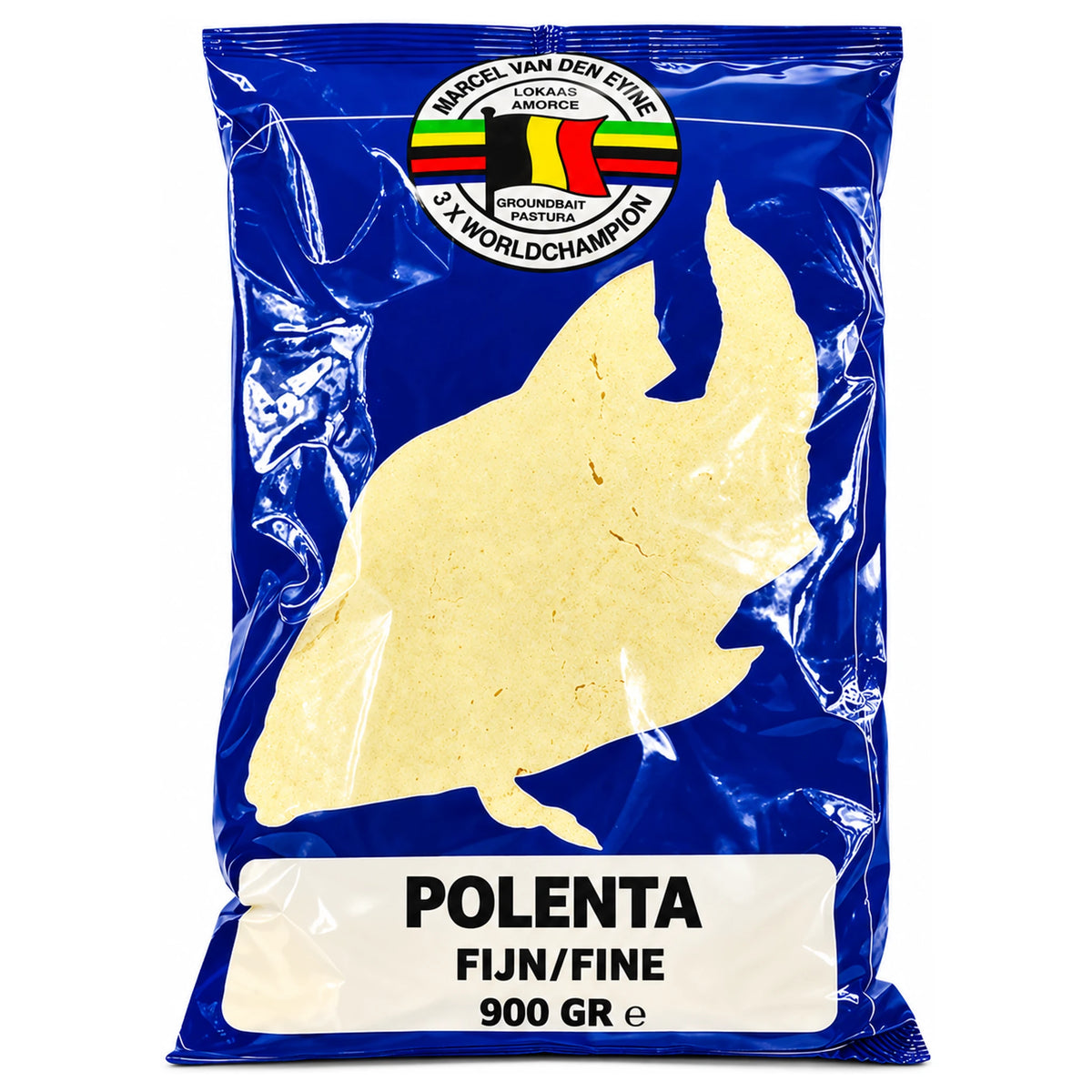 Blauwe Van Den Eynde Polenta Fijn-verpakking met visvormig venster en opdruk 900 GR