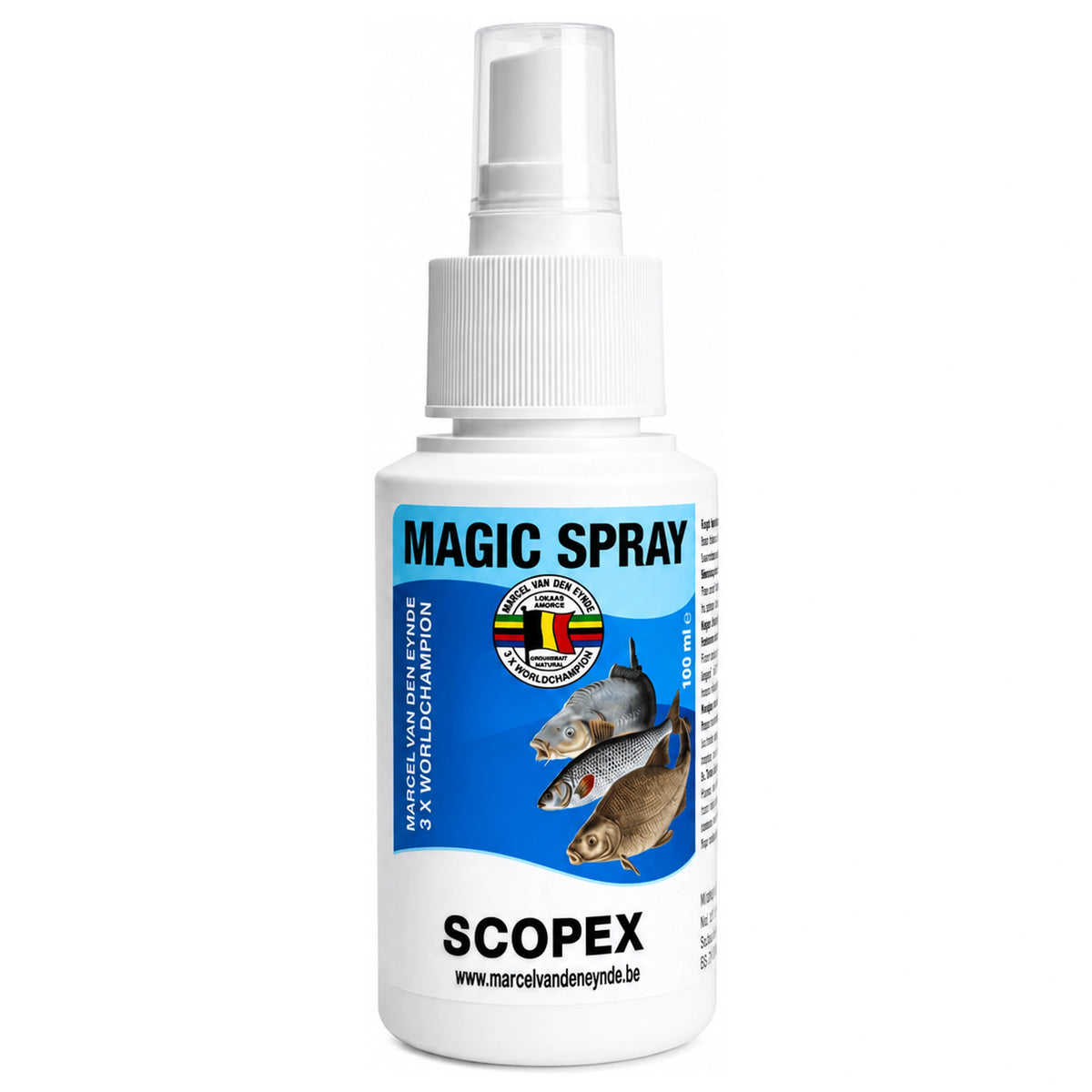 Marcel Van Den Eynde Magic Spray Scopex in een witte sprayfles