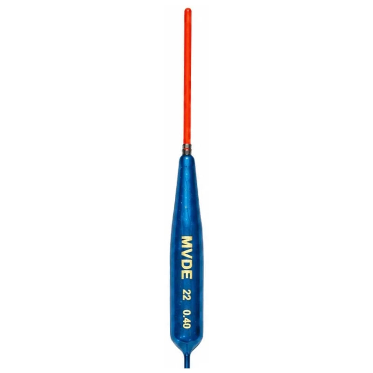 Slanke blauwe MVDE 22-dobber met rode antenne en zichtbare opdruk 0.40