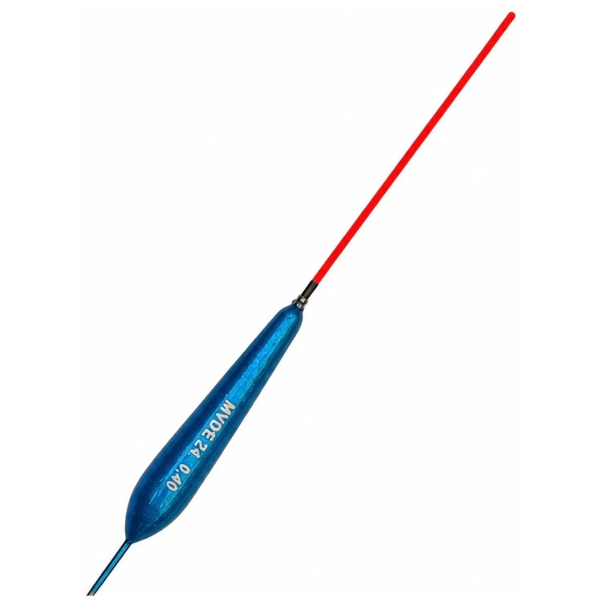 Slanke blauwe MVDE 24-dobber schuin afgebeeld met rode antenne en opdruk 0.40