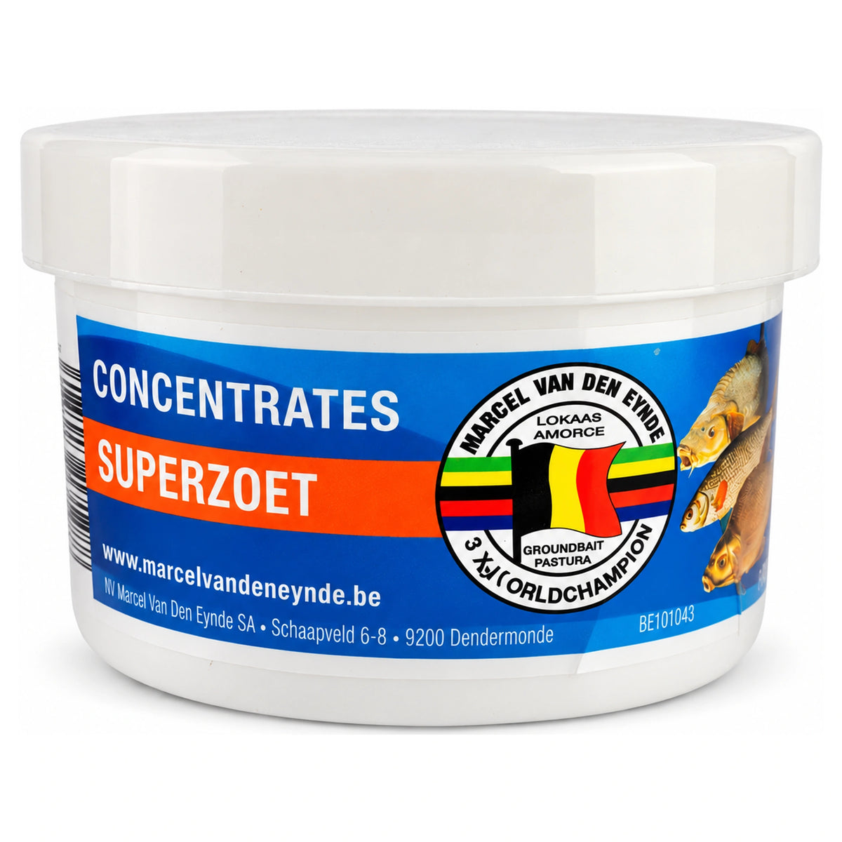 Van den Eynde Superzoet - witte pot met wit deksel en blauw-oranje etiket met vissen