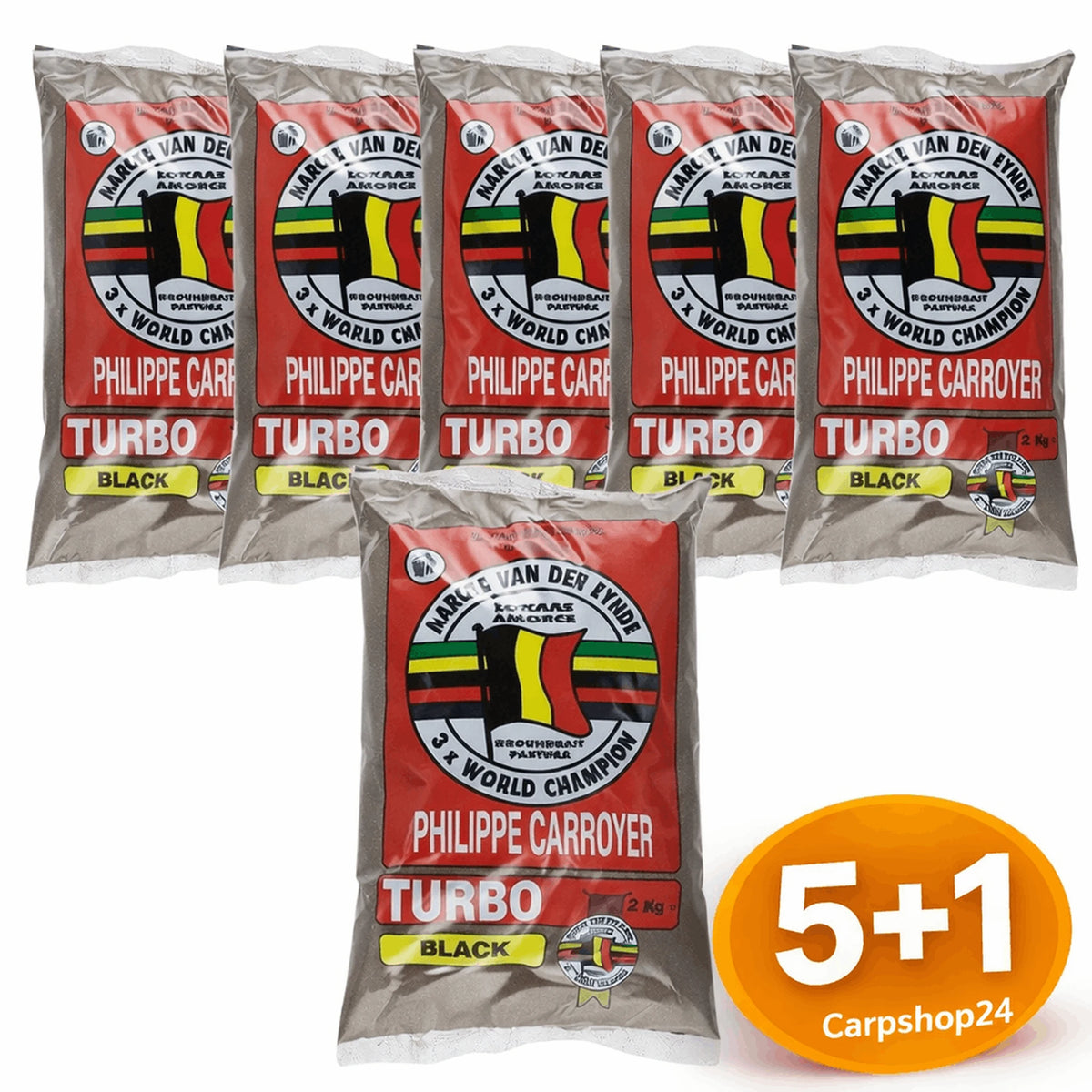 Zes zakken Van Den Eynde Turbo Black 2 kg grondvoer bij de 5+1-pakketdeal