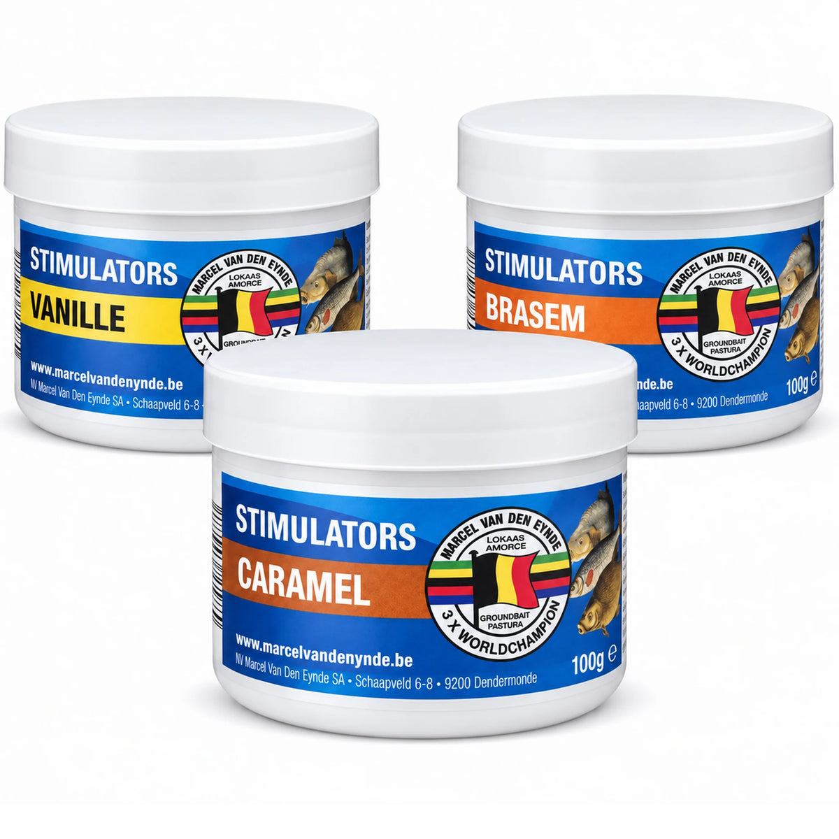 Drie witte potten Van Den Eynde Stimulators 100g: Vanille, Brasem en Caramel.