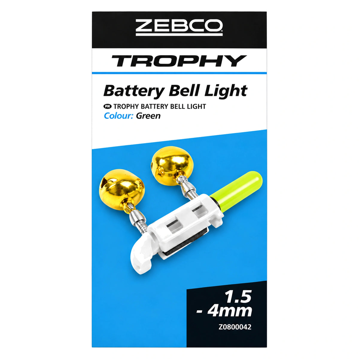 Zebco Trophy Battery Bell Light Green Z0800042 – verpakking met groen hengeltoplicht, witte klem en twee goudkleurige bellen voor 1,5 tot 4 mm