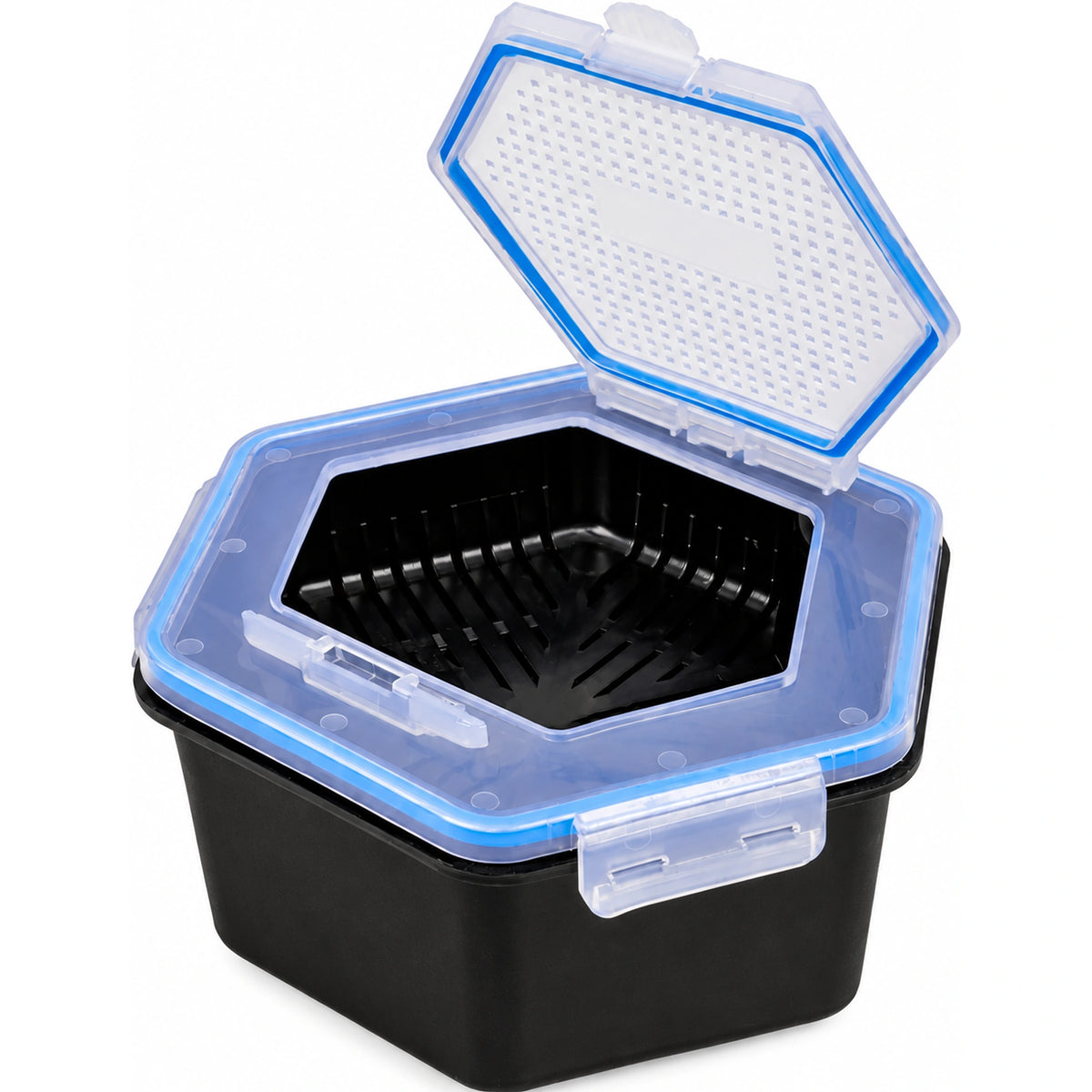 Zebco Secure-Lock aasdoos met zwarte aaszeef, open transparant deksel en blauwe afdichting