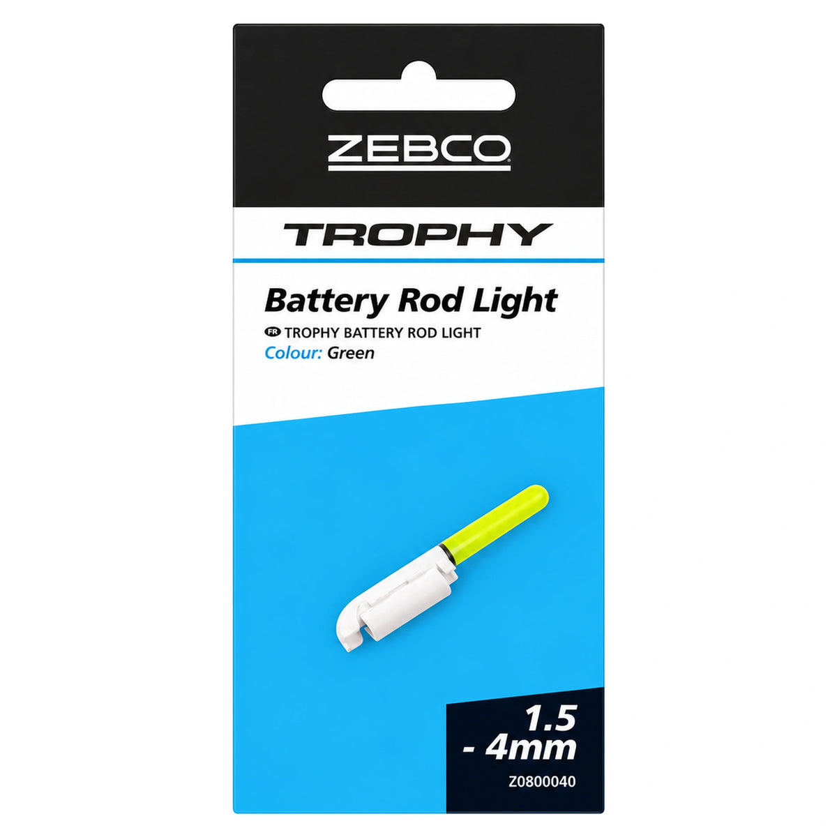 Zebco Trophy Battery Rod Light Green – verpakking met geelgroen hengeltoplicht Z0800040