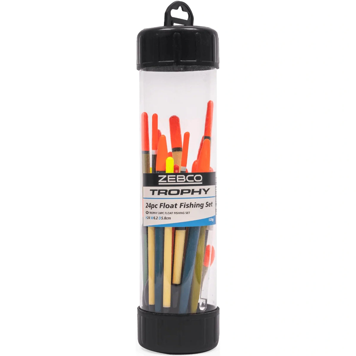 Zebco Trophy Float Fishing Set in transparante koker met zwarte doppen en gekleurde dobbers