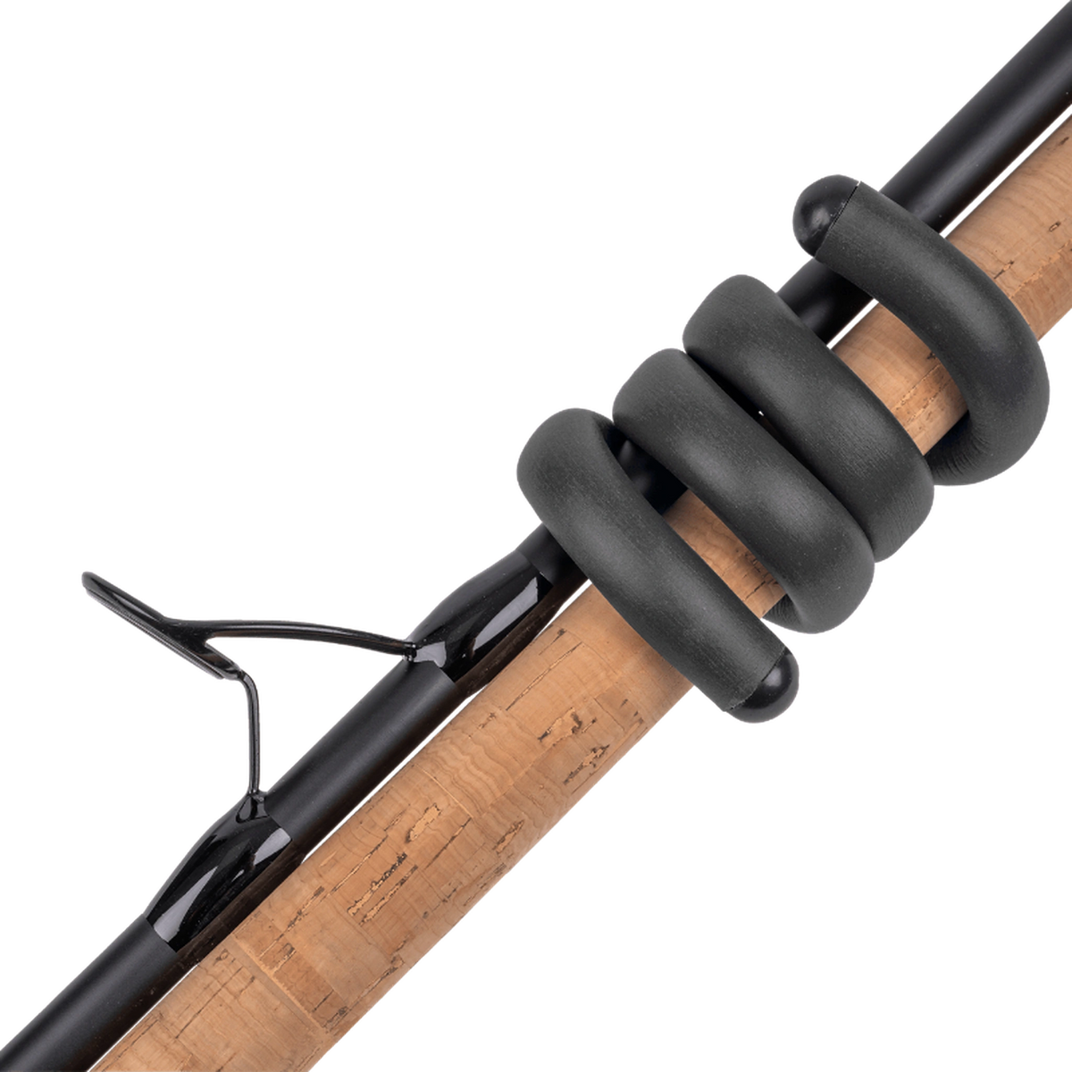 Zebco Trophy Rod Wraps 43cm – detail van de zwarte band om een kurkhandvat en zwart hengeldeel met geleideoog
