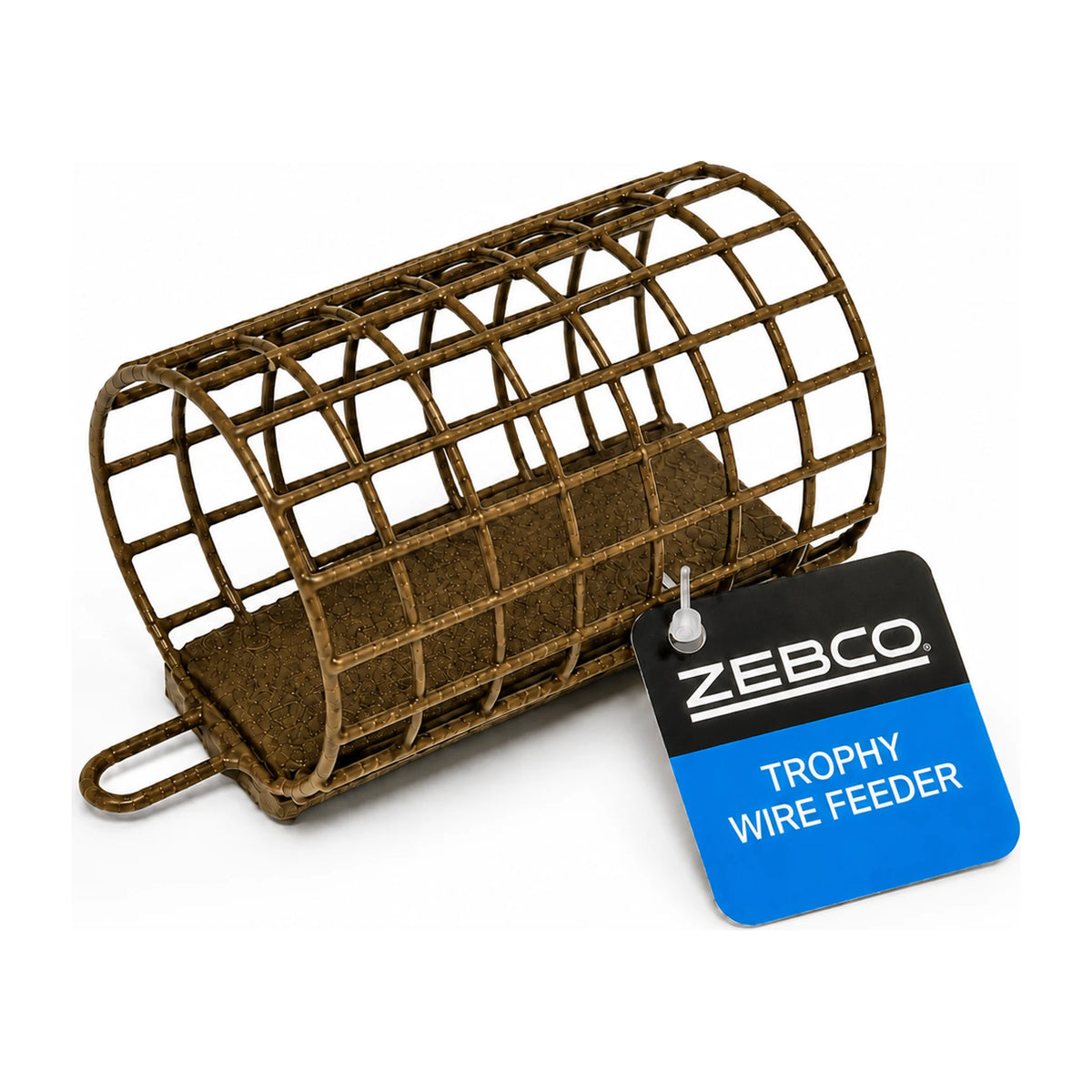 Zebco Trophy Wire Feeder voerkorf met metalen raster, bevestigingsoog en blauw-zwart productlabel