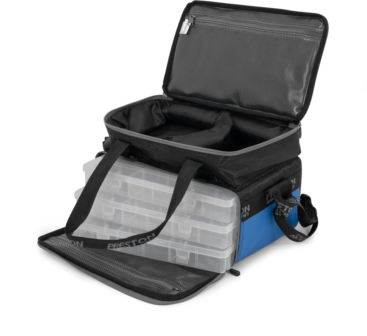 Preston Competition XS Feeder Case geopend met drie opbergdozen