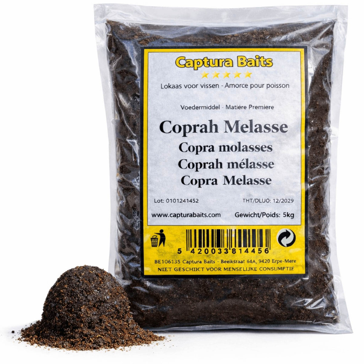 Captura Baits Copra Molasses 5kg verpakking met voerstructuur