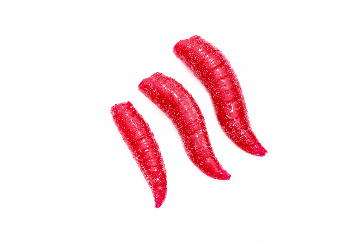 Drennan Buoyant Maggots Bloodworm Red – close-up van drie madenimitaties