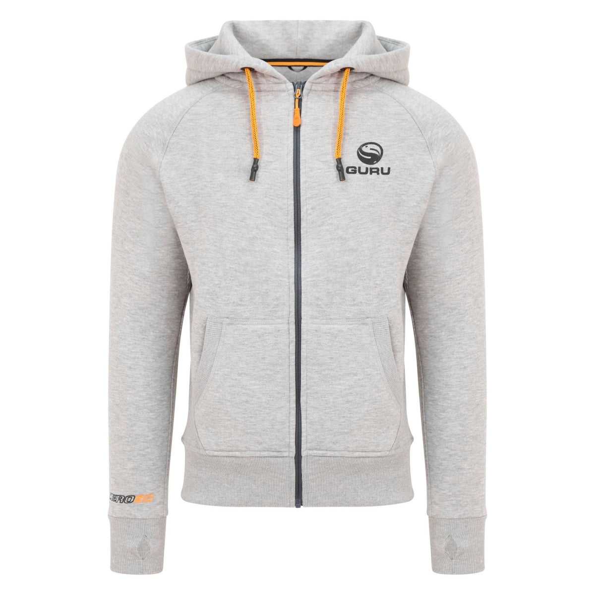 Guru Aventus Hoodie Grey, origineel vooraanzicht met rits, oranje koorden en Guru-borstlogo